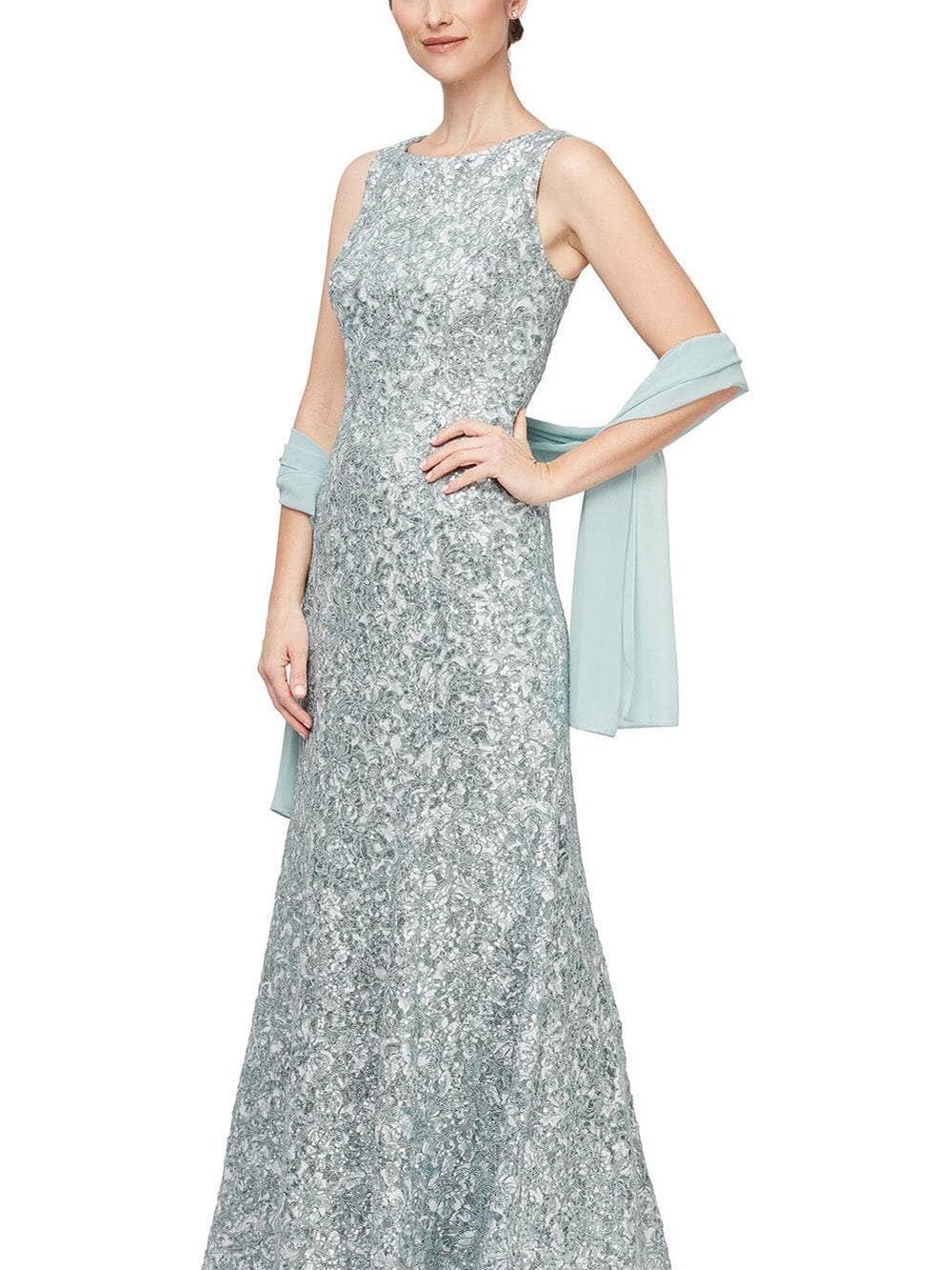 Alex Evenings Pale Blue Lace Maxi Gown with Sheer Shawl